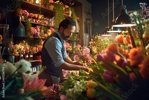  Passionate Small Business Owner Arranging Fresh Flowers in Modern Flower Shop. Generative AI.