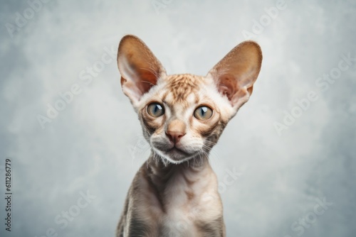 Close-up portrait photography of a curious devon rex cat crouching against a minimalist or empty room background. With generative AI technology © Markus Schröder