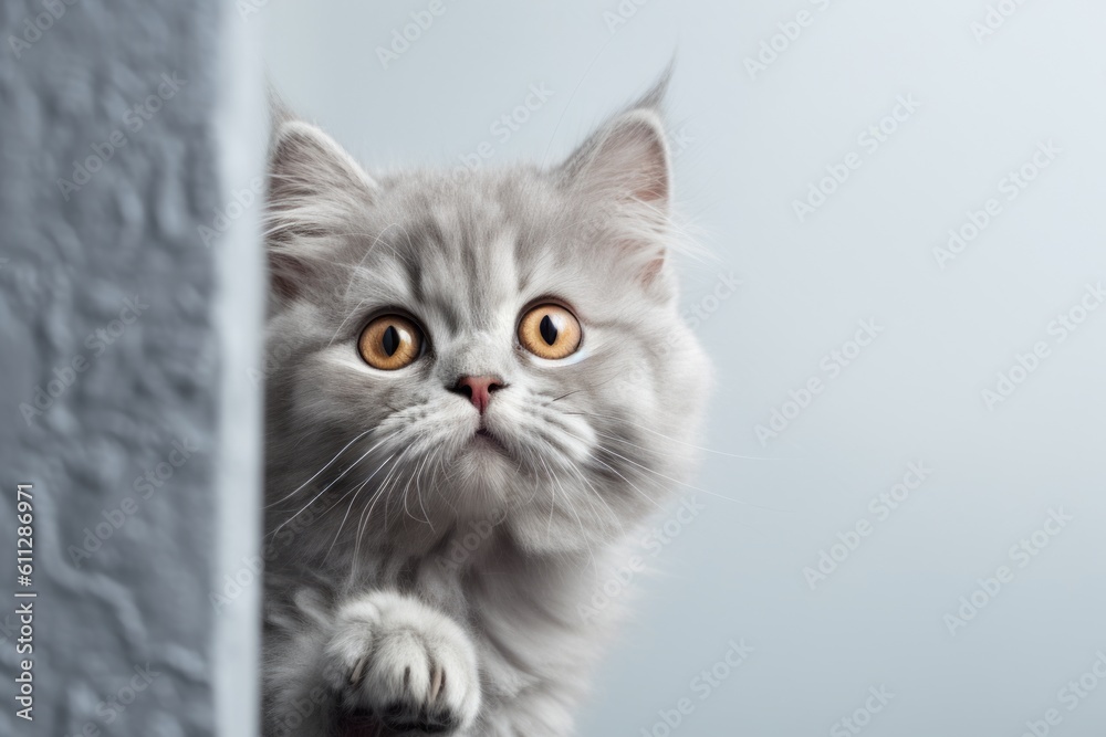 Close-up portrait photography of a happy selkirk rex cat wall climbing against a minimalist or empty room background. With generative AI technology