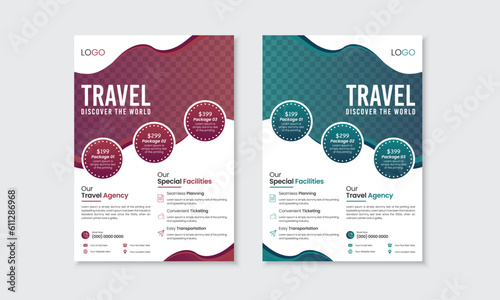 Travel vacation pamphlet, flyer, poster design template, creative A4 size layout with space for photo, modern multicolor flier set with bleed, margin, easy to use and edit, print ready vector file