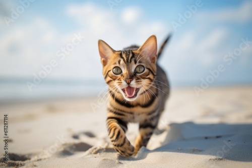 Lifestyle portrait photography of a smiling bengal cat running against a beach background. With generative AI technology © Markus Schröder