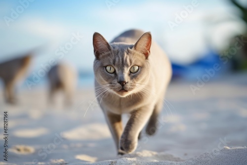 Group portrait photography of a happy burmese cat sprinting against a beach background. With generative AI technology