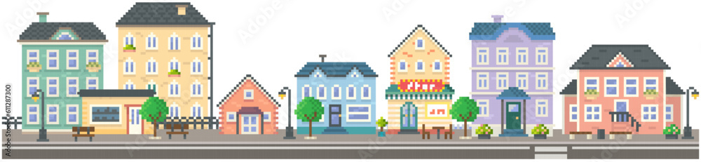 Empty city with long road along pixelated houses vector. City downtown landscape with colored buildings. Design for mobile app, computer game. Low-rise apartment buildings in pixel style