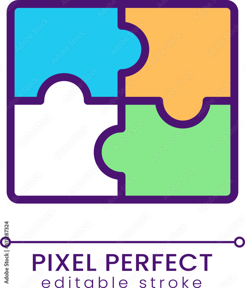 Jigsaw puzzle pieces pixel perfect RGB color icon. Business cooperation. Teamwork in company. Isolated vector illustration. Simple filled line drawing. Editable stroke. Poppins font used Jigsaw puzzle pieces pixel perfect RGB color icon. Business cooperation. Teamwork in company. Isolated vector illustration. Simple filled line drawing. Editable stroke. Poppins font used