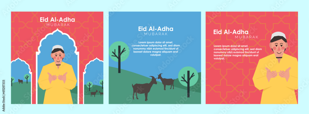Fototapeta premium eid-adha-man-praying-mosque-goat-outside-social-media-post-in-flat-illustration