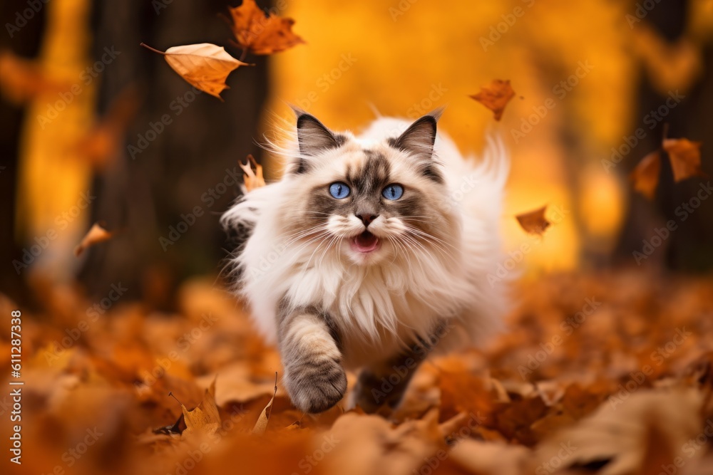 Environmental portrait photography of a happy ragdoll cat sprinting against an autumn foliage background. With generative AI technology
