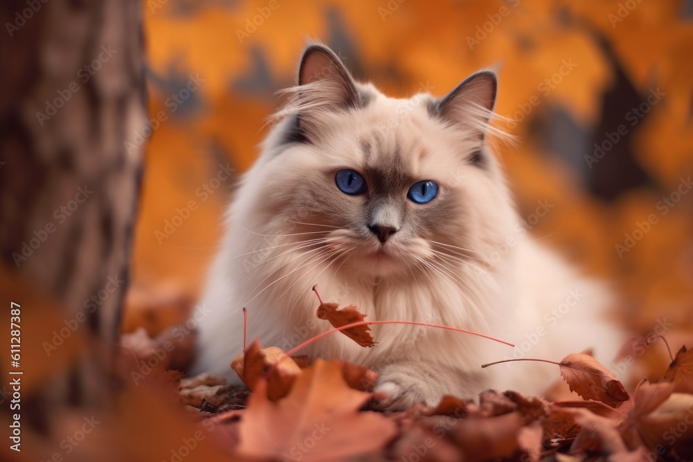 Lifestyle portrait photography of a funny ragdoll cat eating against an autumn foliage background. With generative AI technology