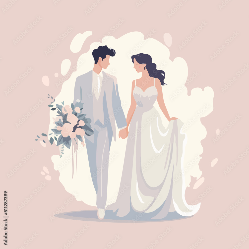 Wedding postcard scene couple bride and groom cartoon vector illustration graphic monochrome color brawn hand draw isolated on white background. Wedding postcard scene couple bride and groom cartoon vector illustration graphic monochrome color brawn hand draw isolated on white background.
