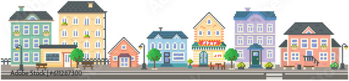 Fototapeta Naklejka Na Ścianę i Meble -  Empty city with long road along pixelated houses vector. City downtown landscape with colored buildings. Design for mobile app, computer game. Low-rise apartment buildings in pixel style
