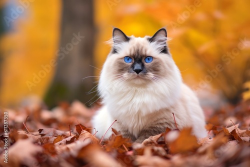 Full-length portrait photography of a cute ragdoll cat crouching against an autumn foliage background. With generative AI technology
