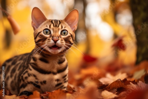 Medium shot portrait photography of a smiling bengal cat exploring against an autumn foliage background. With generative AI technology © Markus Schröder