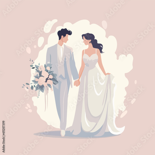 Wedding postcard scene couple bride and groom cartoon vector illustration graphic monochrome color brawn hand draw isolated on white background.