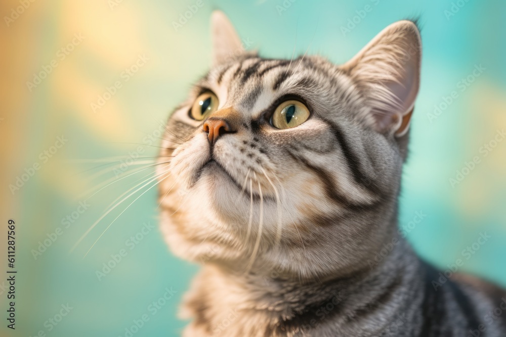 Obraz premium Close-up portrait photography of a curious american shorthair cat playing against a pastel or soft colors background. With generative AI technology