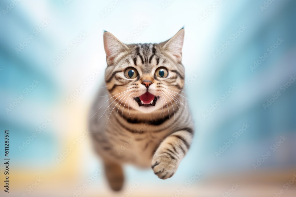 Naklejka premium Environmental portrait photography of a happy american shorthair cat sprinting against a pastel or soft colors background. With generative AI technology