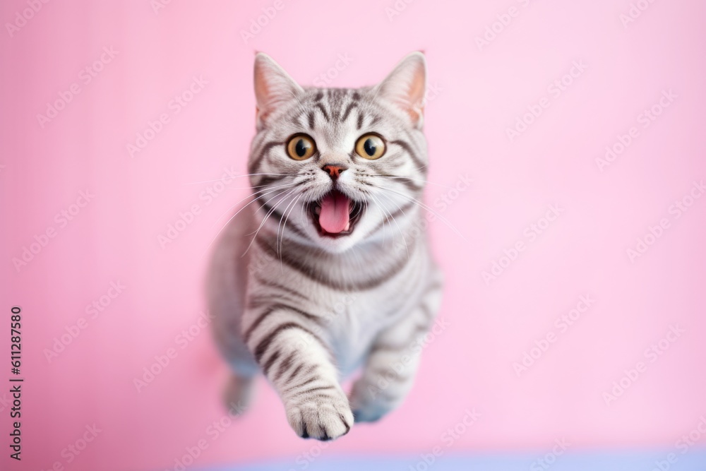 Environmental portrait photography of a happy american shorthair cat sprinting against a pastel or soft colors background. With generative AI technology