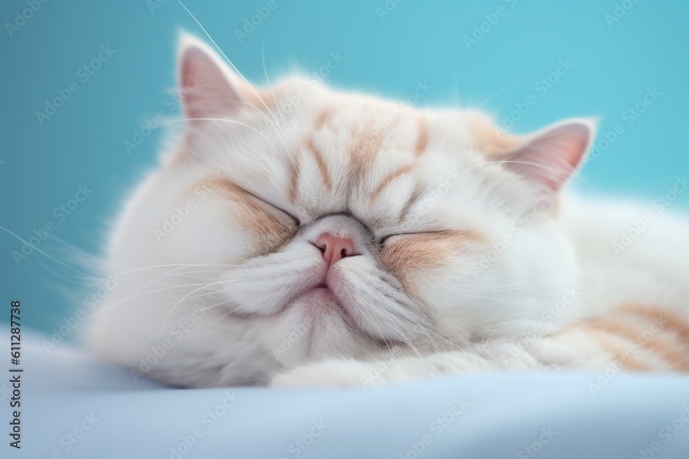 Close-up portrait photography of a smiling exotic shorthair cat sleeping against a pastel or soft colors background. With generative AI technology