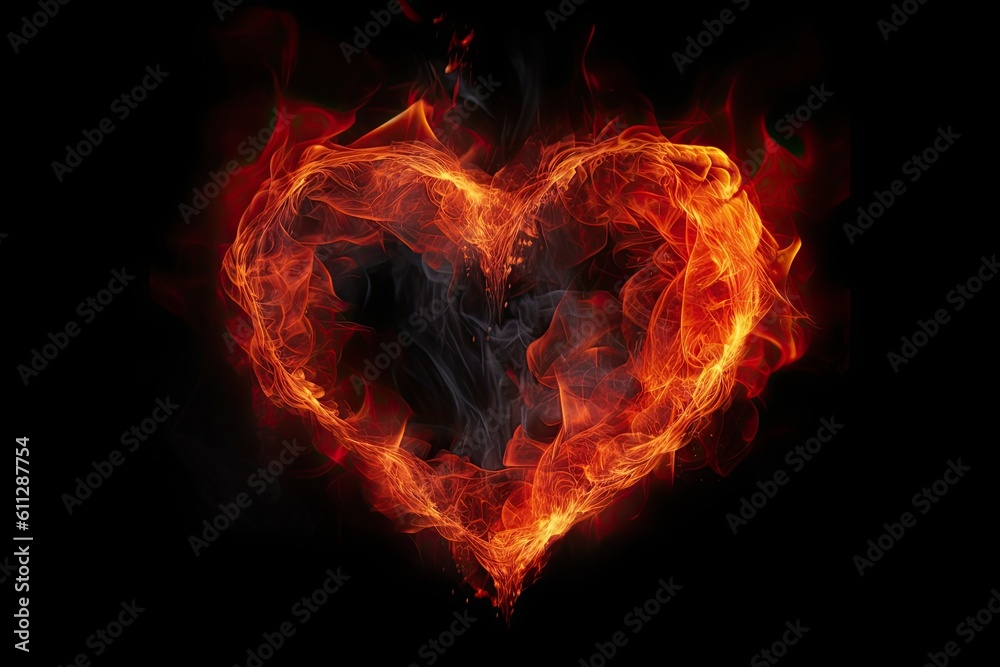 Burning heart on a black background. Fire in the form of a heart. Fire heart on a dark background, AI Generated Burning heart on a black background. Fire in the form of a heart. Fire heart on a dark background, AI Generated