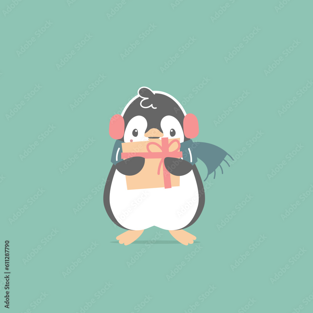 Obraz premium merry christmas and happy new year with penguin and present gift box in the winter season green background, flat vector illustration cartoon character costume design