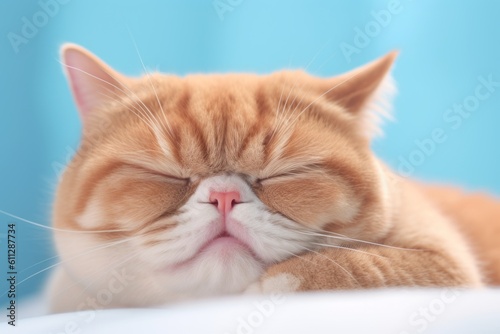 Wallpaper Mural Close-up portrait photography of a smiling exotic shorthair cat sleeping against a pastel or soft colors background. With generative AI technology Torontodigital.ca
