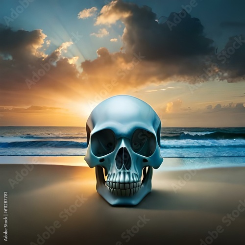An isolated human skull on a sand beach. (AI-generated fictional illustration) 