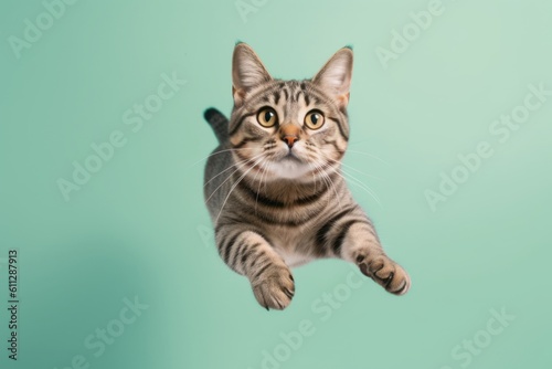 Medium shot portrait photography of a curious tabby cat leaping against a pastel or soft colors background. With generative AI technology