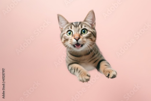 Medium shot portrait photography of a curious tabby cat leaping against a pastel or soft colors background. With generative AI technology © Markus Schröder