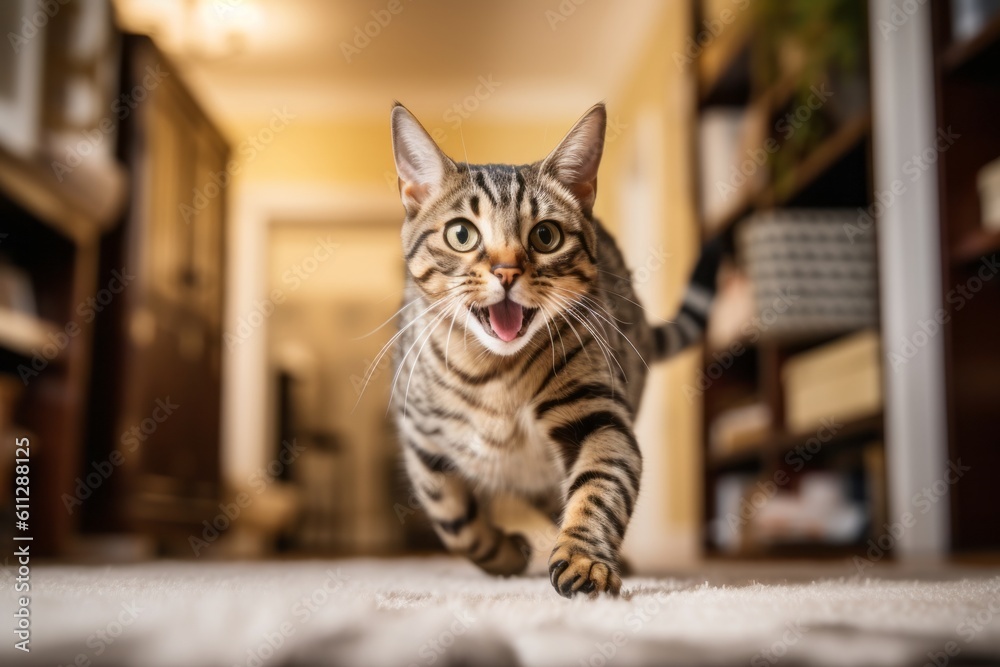 Full-length portrait photography of a smiling bengal cat sprinting against a cozy living room background. With generative AI technology