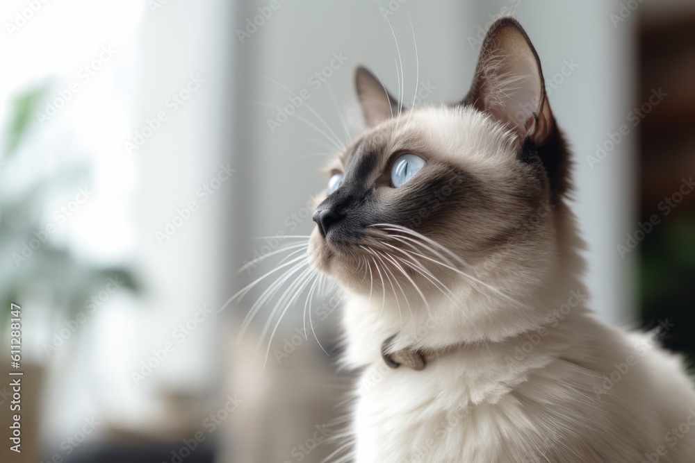 Lifestyle portrait photography of a curious balinese cat whisker twitching against a cozy living room background. With generative AI technology