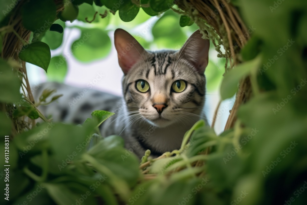 Medium shot portrait photography of a smiling egyptian mau cat exploring against an indoor plant. With generative AI technology
