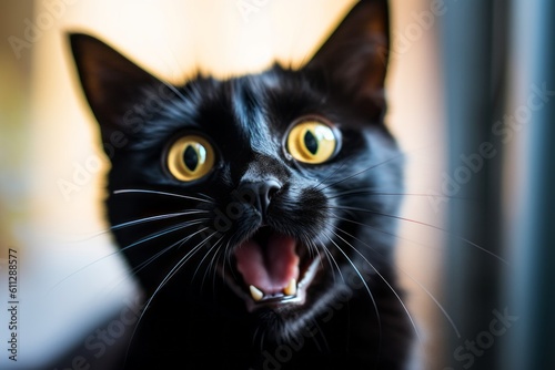 Headshot portrait photography of a funny bombay cat pouncing against a bright window. With generative AI technology