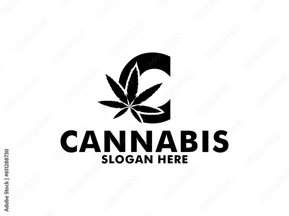 Letter C with Cannabis leaf logo design. Hemp or Cannabis modern logo vector template