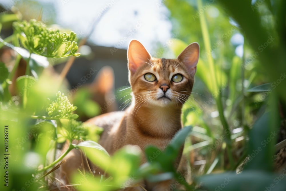 Group portrait photography of a smiling abyssinian cat exploring against a garden backdrop. With generative AI technology Group portrait photography of a smiling abyssinian cat exploring against a garden backdrop. With generative AI technology