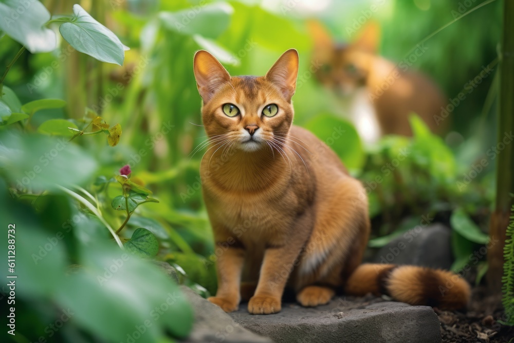 Group portrait photography of a smiling abyssinian cat exploring against a garden backdrop. With generative AI technology Group portrait photography of a smiling abyssinian cat exploring against a garden backdrop. With generative AI technology