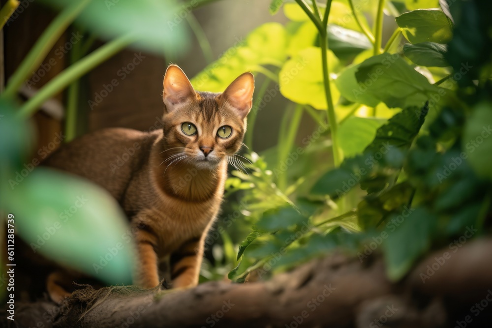 Group portrait photography of a smiling abyssinian cat exploring against a garden backdrop. With generative AI technology Group portrait photography of a smiling abyssinian cat exploring against a garden backdrop. With generative AI technology