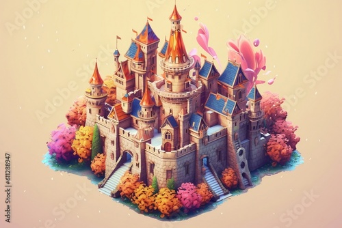 Colorful Flower Castle in Isometric View. Generative AI