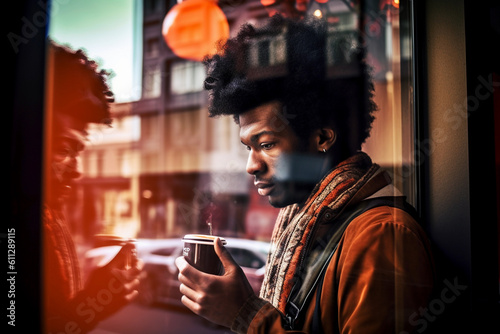 African ethnicity guy reflected behind a coffee shop window image ai generate