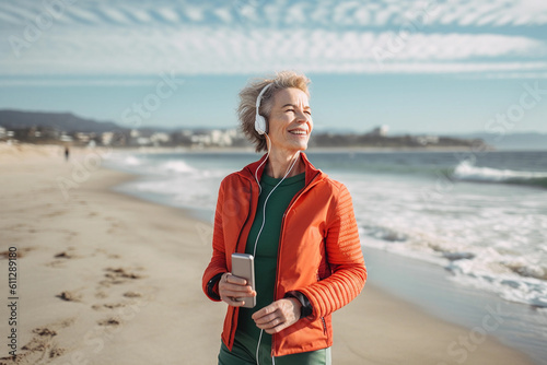 Smiling mature woman in green jacket and red jacket on the beach with her mobile Fototapet