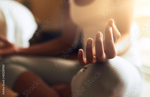 Wallpaper Mural Woman, hands and relax in meditation for zen, health or spiritual wellness at home. Closeup of female yogi hand meditating for relaxation, mind and awareness for healthy mental wellbeing in the house Torontodigital.ca