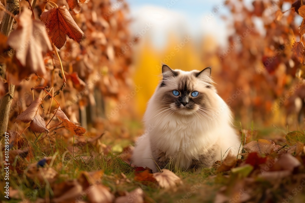 Medium shot portrait photography of a funny ragdoll cat investigating against a rich autumn landscape. With generative AI technology