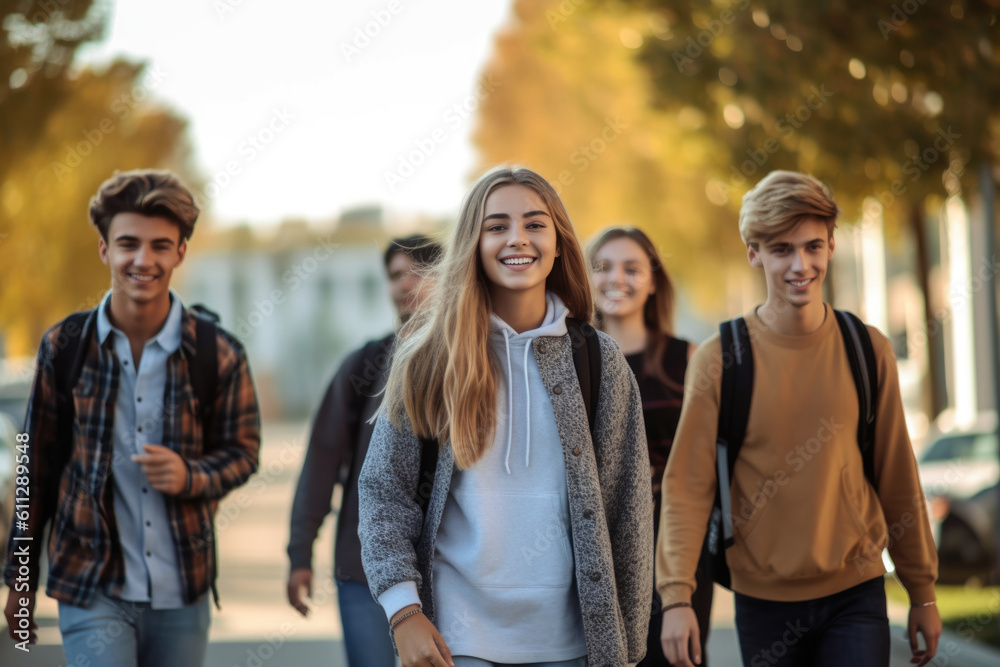 Students walking to school together. AI Generative Students walking to school together. AI Generative