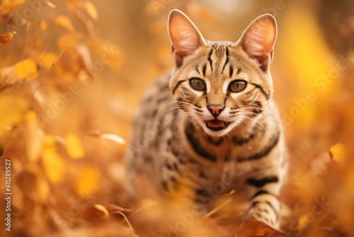 Headshot portrait photography of a smiling savannah cat running against a rich autumn landscape. With generative AI technology © Markus Schröder