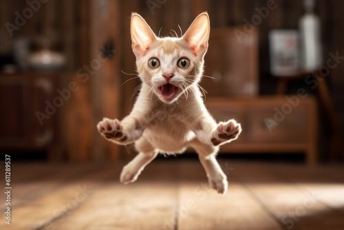 Close-up portrait photography of a cute devon rex cat jumping against a rustic wooden floor. With generative AI technology