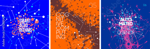 Artificial Intelligence. A set of vector illustrations. Posters with headings - Cognitive Computing, Automated Intelligence, Smart Algorithms