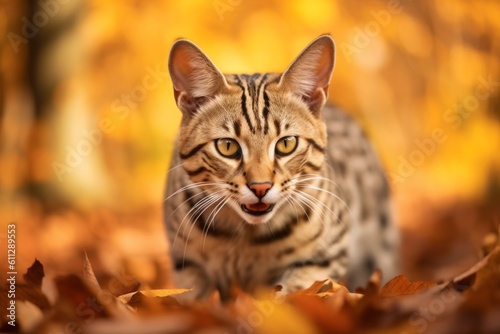 Headshot portrait photography of a smiling savannah cat running against a rich autumn landscape. With generative AI technology