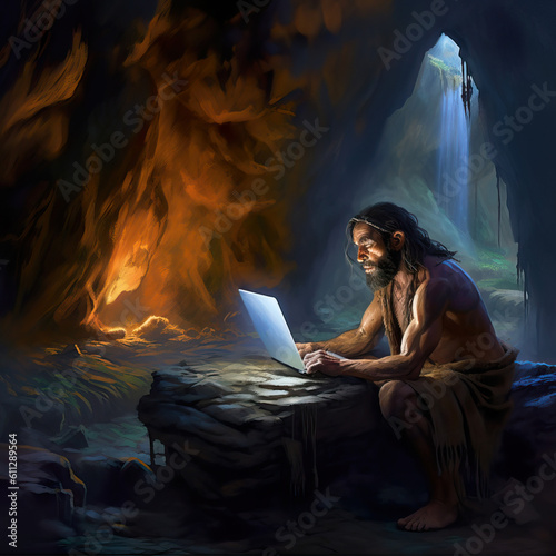 Caveman looking at a laptop in a cave