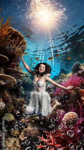 Young woman in white dress underwater in a coral reef photo