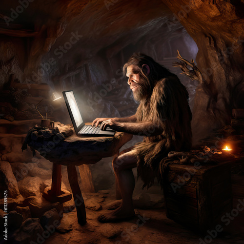 Caveman looking at a laptop in a cave