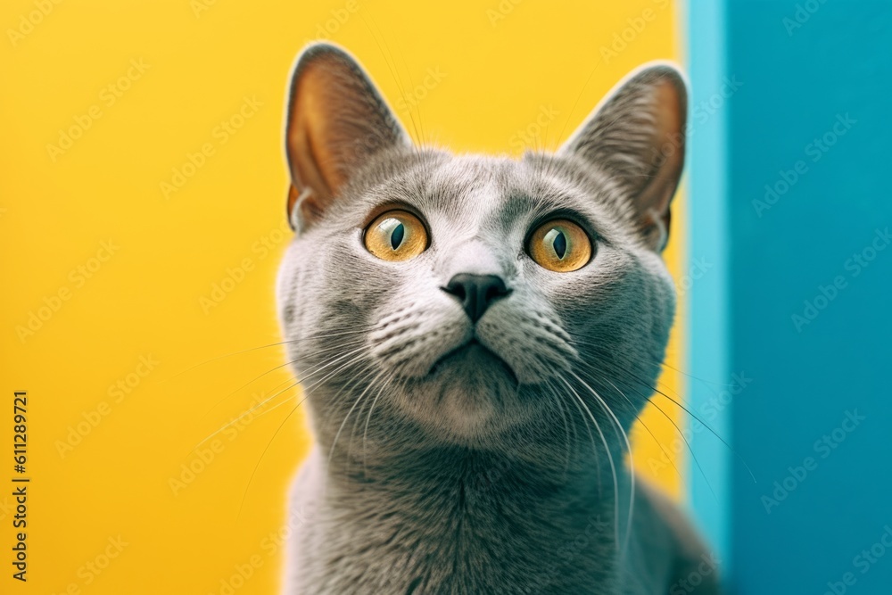 Close-up portrait photography of a funny russian blue cat exploring against a vibrant colored wall. With generative AI technology