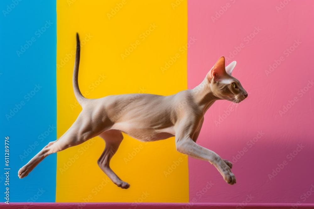 Environmental portrait photography of a happy peterbald cat hopping against a vibrant colored wall. With generative AI technology Environmental portrait photography of a happy peterbald cat hopping against a vibrant colored wall. With generative AI technology