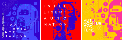 Artificial Intelligence. A set of vector illustrations. Posters with headings - Autonomous Systems, Intelligent Automation, Algorithmic Intelligence